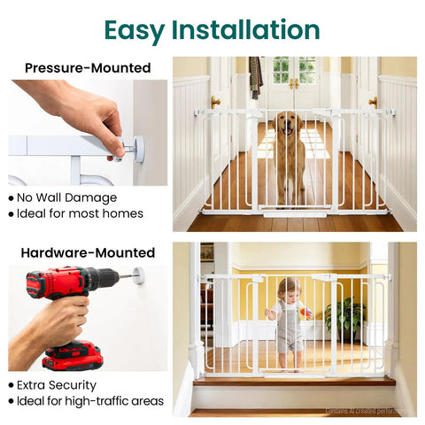 Extra Wide Walk Through Baby And Dog Gate Auto Close Dual Lock White Safety Barrier shown with pressure and hardware mounting options.