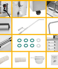 Close-up of Heavy Duty Mobile Fryer Oil Filter Cart 370W components: handles, oil filter, and accessories for deep fryer filtration.