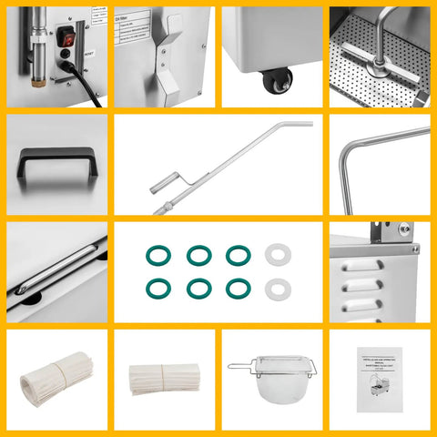 Close-up of Heavy Duty Mobile Fryer Oil Filter Cart 370W components: handles, oil filter, and accessories for deep fryer filtration.