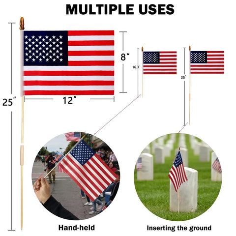 12 Pack 8x12 Inch American Flags on Sticks for Outdoor Use with Grounded Multi Purpose Flagpole Handheld Flags for Memorial Day