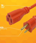 Bright Orange Outdoor Extension Cord Built Tough With Weatherproof Vinyl Jacket For Visibility And Safety Sixteen Gauge Three Conductor Outdoor Rated Heavy Duty Molded Plug Waterproof And Rainproof 100 Foot Length close-up showing reinforced plug and 3-pronged end