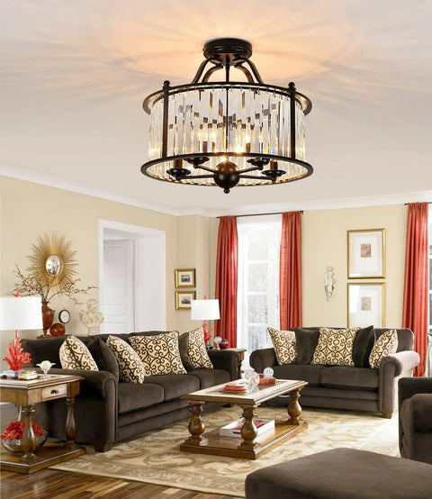 Sleek Black Crystal Chandelier With Five Lights For A Lit Look Semi Flush Mount Ceiling Fixture With K9 Crystals in living room