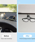 Before image: Sunglasses on car dashboard, risk of slip. After image: Eyeglasses secured on visor with 5-Piece Car Sun Visor Clip Holder Set.