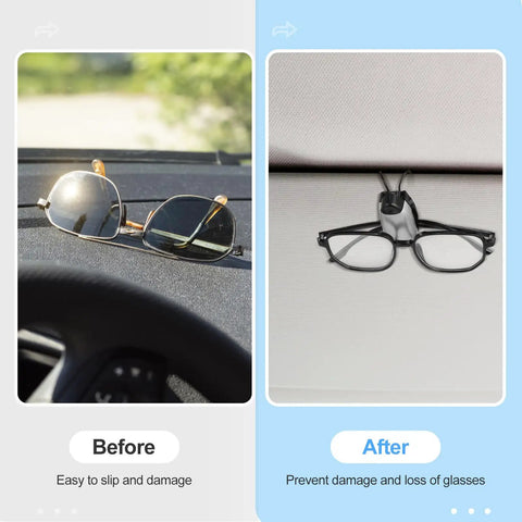 Before image: Sunglasses on car dashboard, risk of slip. After image: Eyeglasses secured on visor with 5-Piece Car Sun Visor Clip Holder Set.