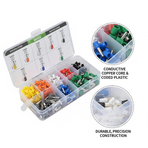 Super Cool 400 Piece Insulated Wire Ferrule Terminal Kit With Color Coded Copper Crimp Connectors For Stranded Wires To Tame Messy Ends, Perfect For Control Panels, Machinery Assembly, And Sweet Automotive Or Electronics Projects To Make Secure. 400-piece insulated wire ferrule kit in organizer case, copper core