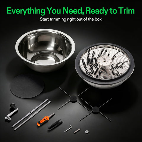 19 Inch Bud Leaf Bowl Trimmer with clear dome, sharp blades, solid metal gear box, ergonomic handle, hand pruner shown unassembled