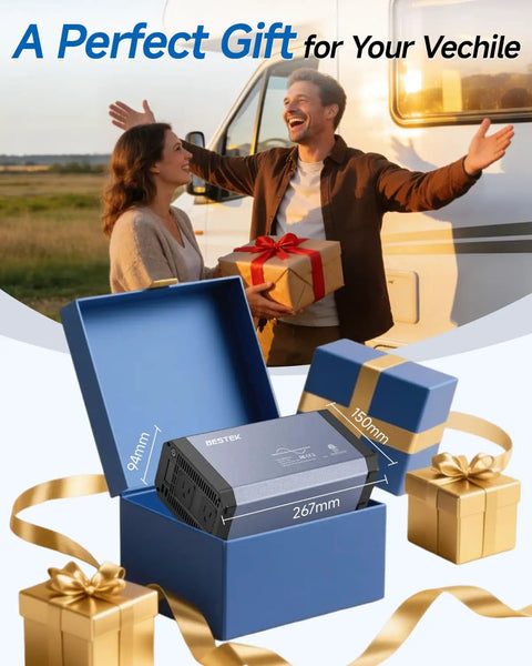 Heavy Duty Pure Sine Wave Power Inverter Pumping 1000W Of Reliable DC 12V To 110V AC Power shown in gift box with dimensions.