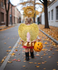 Child in Celestial Gold Feather Headband Set for Girls, Cosplay Ready Halloween Accessory at festival, wearing 21.7 x 17.7 inch wings