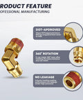 Heavy Duty Brass 90 Degree Push To Connect Elbow Fittings Quarter Inch Outer Diameter To Quarter Inch NPT Quick Connect For Air Lines 360 Degree Swivel Truck Grade Pneumatic Fittings Pack Of Five, showing features like DOT approval, 360-degree rotation, and no leakage.