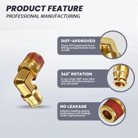 Heavy Duty Brass 90 Degree Push To Connect Elbow Fittings Quarter Inch Outer Diameter To Quarter Inch NPT Quick Connect For Air Lines 360 Degree Swivel Truck Grade Pneumatic Fittings Pack Of Five, showing features like DOT approval, 360-degree rotation, and no leakage.