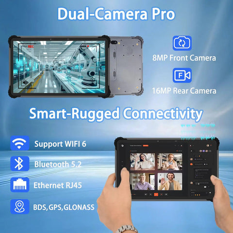 Rock Solid Heavy Duty Rugged Tablet Features 13.3 Inch Android 15 Screen with dual-camera setup for logistics use.