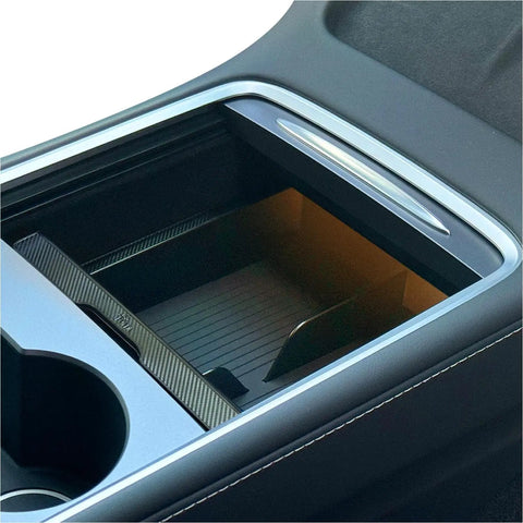 Center Console Organizer For Tesla Model Y And Model 3 With Backlit Transparent Lid And Smooth Sliding Tray Carbon Edition Upgrade
