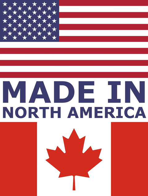 U.S. and Canadian flags with 'Made in North America' text, emphasizing American and Canadian production origins.