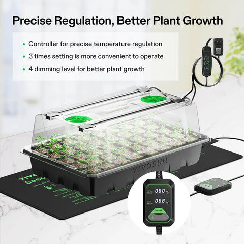 40-Cell Seed Starter Trays Kit With LED Grow Lights on 10x20.75 inch Seedling Heat Mat, 3.6 inch High Dome Cover with Adjustable Vents