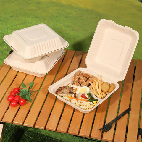 Open and stacked 100 Pack 3-Compartment Compostable Takeout Lunch Boxes With Lids 8x9 Inch Clamshells For Food To Go Eco Friendly.