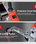 Close-up of GVBNOTT Pipe Tube Polisher Sander showing protective cover and self-locking button features for safe operation.