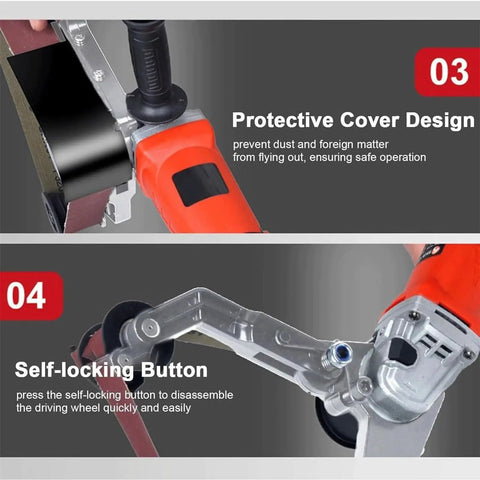 Close-up of GVBNOTT Pipe Tube Polisher Sander showing protective cover and self-locking button features for safe operation.