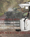 Honda Fuel Pump Assembly 16700-HR3-A21 for TRX420 TRX500 TRX520 displayed in front of Honda ATV on forest path