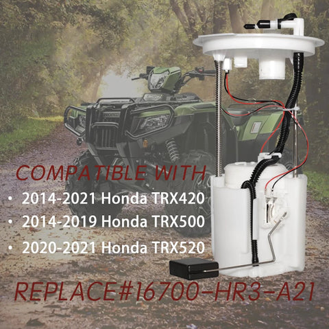 Honda Fuel Pump Assembly 16700-HR3-A21 for TRX420 TRX500 TRX520 displayed in front of Honda ATV on forest path