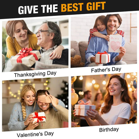 Collage of people gifting presents on Thanksgiving, Father's Day, Valentine's Day, and Birthday