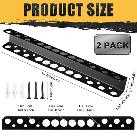 Two Pack 15.75 Inch Heavy Duty Wall Mount Screwdriver Organizer And Pliers Rack Metal Tool Holder with dimensions shown