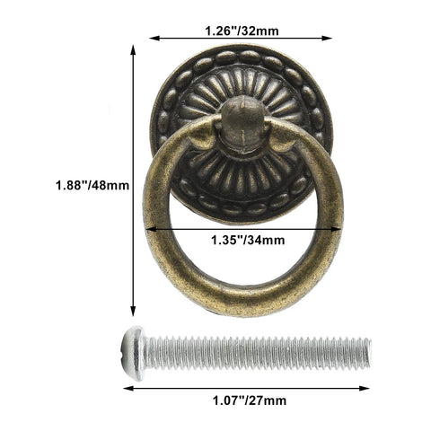 12 Pieces Antique Bronze Drawer Ring Pulls With Flower Pattern, 1.38 Inch Diameter, Includes 12 Screws, Zinc Alloy Vintage Cabinet Hardware