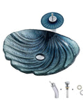 Game Changing Shell Shape Vessel Sink With Tempered Glass Bathroom Vanity Basin, Includes Faucet And Pop Up Drain, Above Counter Washbasin, Smooth Finish Wipes Clean In A Jiffy, Knockout Decor For Modern Spaces - Blue glass sink with faucet.