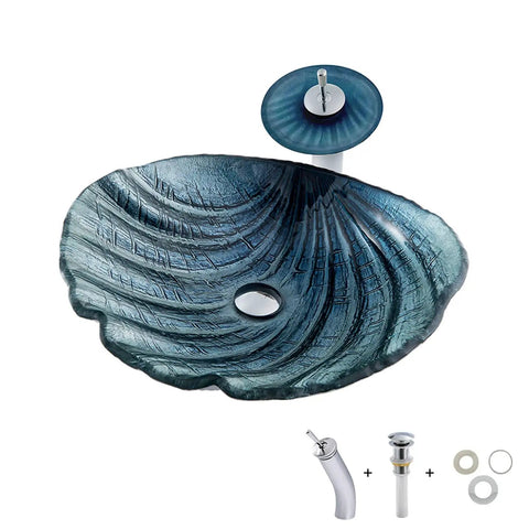 Game Changing Shell Shape Vessel Sink With Tempered Glass Bathroom Vanity Basin, Includes Faucet And Pop Up Drain, Above Counter Washbasin, Smooth Finish Wipes Clean In A Jiffy, Knockout Decor For Modern Spaces - Blue glass sink with faucet.