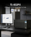 Beefy Eight Bay Nas Server With Snappy Quad Core Processor And Four Gigs Of Memory Expanding To Sixteen Gb Wired With Dual Ten Gigabit Ethernet Ports For Speedy File Swaps And Rock Solid Everyday Backups on a modern desk with a computer monitor.