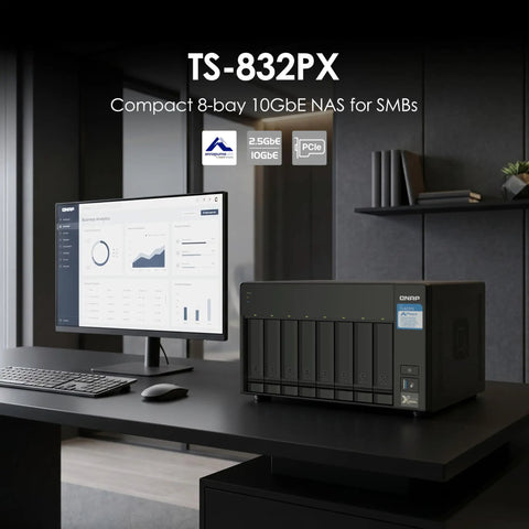 Beefy Eight Bay Nas Server With Snappy Quad Core Processor And Four Gigs Of Memory Expanding To Sixteen Gb Wired With Dual Ten Gigabit Ethernet Ports For Speedy File Swaps And Rock Solid Everyday Backups on a modern desk with a computer monitor.