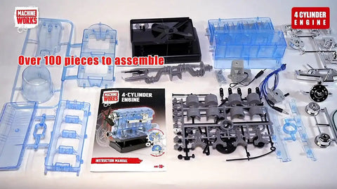Build Your Own Visible Model Engine Kit With Four Cylinder Internal Combustion Mechanics, Realistic Sounds And Illumination, 100 Plus Pieces, STEM And Physics Based Replica Toy For Education And Hands On Fun parts laid out with manual