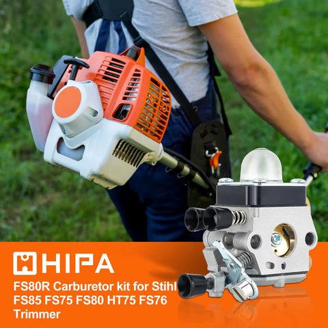 FS80R Carburetor Upgrade For STHIL String Trimmers And Hedge Tools with maintenance kit, showing trimmer and carburetor.