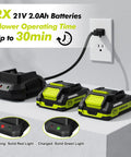 Cordless 21V Leaf Blower With Dual 2.0Ah Batteries And Charger displaying charging status with an electrical outlet