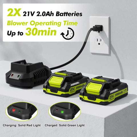 Cordless 21V Leaf Blower With Dual 2.0Ah Batteries And Charger displaying charging status with an electrical outlet