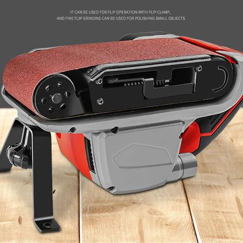 Portable Mini Belt Sander For Woodworking Home Use All Copper Motor High Speed Flat Grinder with sanding belt and flip clamp.