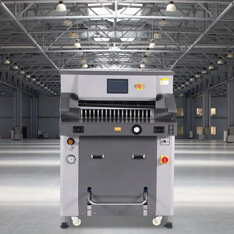 Electric Hydraulic Paper Cutter Built For Busy Print Shops And Mailrooms, Beefy Heavy Duty High Volume Cutter With A 26 Inch Cutting Width And 80 Mm Depth, 7 Inch Touchscreen Control Delivers Precise Fast Trimming Of Up To 800 Sheets In One Pass. front view in warehouse