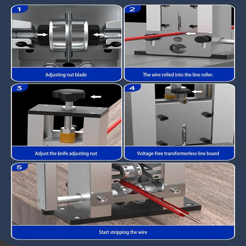 Adjustable Multi Hole Wire Stripper Tool With Hand Crank And Power Drill Mode Compatible For Efficient Cable Stripping showing adjustment steps and features.