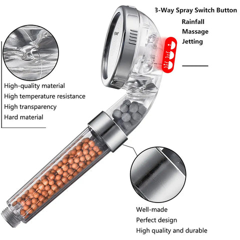 Three Mode High Pressure Shower Head With Filter Water Saving Handheld Sprayer For Dry Skin And Hair Rainfall Massage Jetting Settings