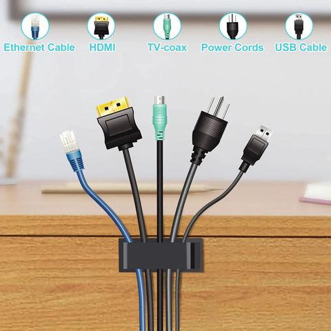 Large Cable Management Clips For Under Desk Cable Organization No Mess Wire Clips securing various cables on desk.