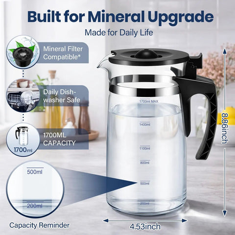Replacement Carafe For ROPOT100 Countertop Water Purifier And Bluevua ROPOT100 RO UV Systems 1700mL Borosilicate Glass Water Jar That Fits Tight And Keeps Your Water Fresh And Leak Free with capacity markers