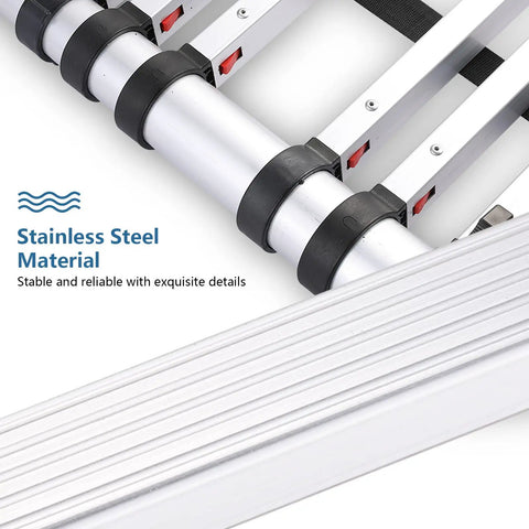 Stainless Steel Telescoping Ladder With One Button Retraction Anti Pinch And Anti Slip Slow Down Design Portable Six Point Five Feet Extension Ladder Heavy Duty 330 Lbs Capacity Lightweight Yet Sturdy For Easy Climbing