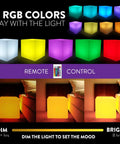 Rechargeable 12 Inch LED Light Cube Stool With Remote Control Mood Lamp showing 16 color options and brightness settings