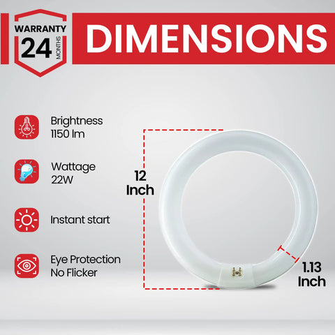 12 Inch Round T9 Fluorescent Circline Light Bulb 32W Killer Bright Cool White 4100K FC12T9 CW Four Pin Base 2100 Lumens dimensions