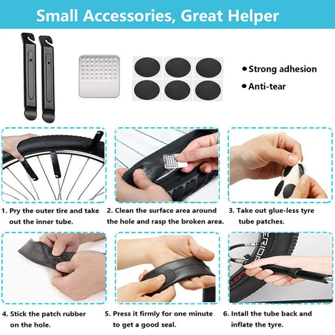 Step-by-step tire patch instructions from Grab And Go All In One Bike Repair Kit With Mini Pump Under Seat Bag And Tail Light 16-In-1