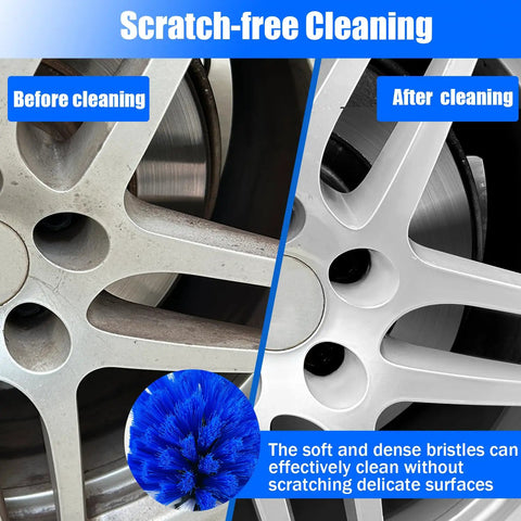 Before and after cleaning with Car Wheel Cleaning Kit With Soft Drill Wheel Cleaner Brush And Detailing Pads, showing no scratches.