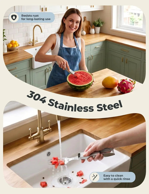 Woman using Watermelon Cutter With Retractable Fork 2 In 1 Stainless Steel Fruit Slicer in kitchen, rinsing cubes in sink