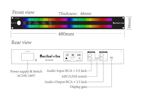 Audio Graphic VU Meter With Rear RCA And Three Point Five Millimeter Auxiliary In And Out Dope 19 Color LED Display For Home Studio Car And Professional Sound Systems front and rear views, 480mm x 58mm