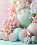 144 Piece 3D Butterfly Wall Stickers Set With 3 Styles For DIY Decor Removable Wall Decals For Bedroom Wedding Party And Craft Projects In Pink And Assorted Colors displayed on decorative spheres and flowers