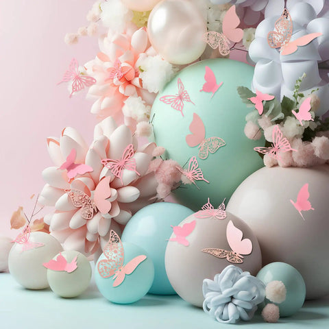 144 Piece 3D Butterfly Wall Stickers Set With 3 Styles For DIY Decor Removable Wall Decals For Bedroom Wedding Party And Craft Projects In Pink And Assorted Colors displayed on decorative spheres and flowers