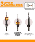 Adjustable Countersink Drill Bit With No-Wrench Depth Stop, 3-Level Depth Adjustment, showing three depth settings and disassembled parts.